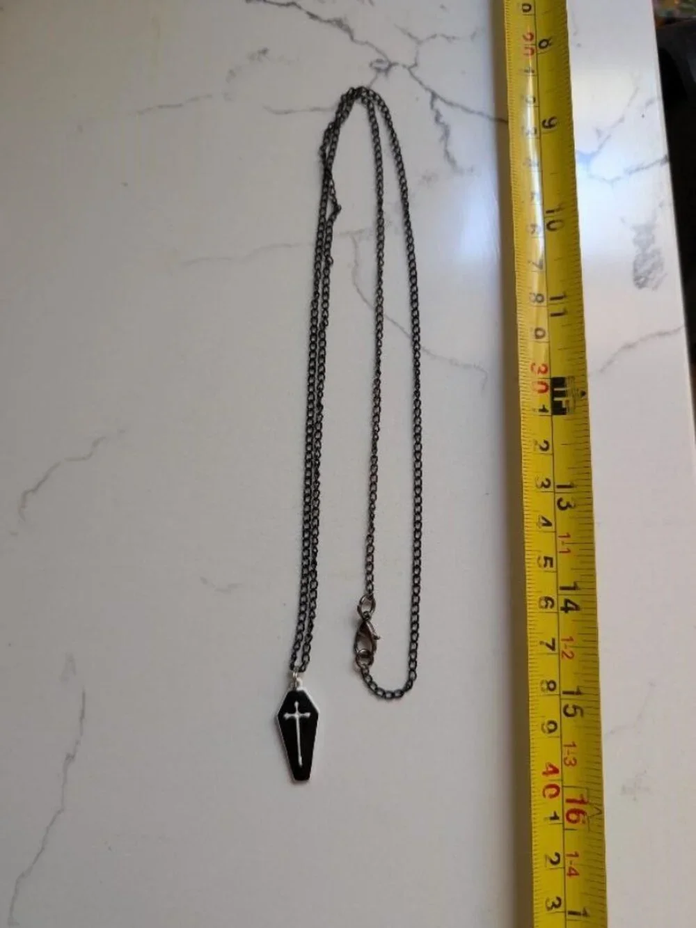 Vintage Halloween Enamel Black Gothic Coffin with a White Cross Pendant Necklace